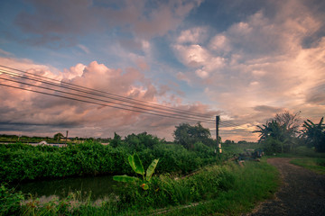 Background of rural road, 2 The road is surrounded by green grass and has electricity connections for homes, nature and sky.