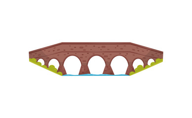 Ancient brick bridge. Old stone footbridge. Landscape element for city park. Walkway across the river. Flat vector icon