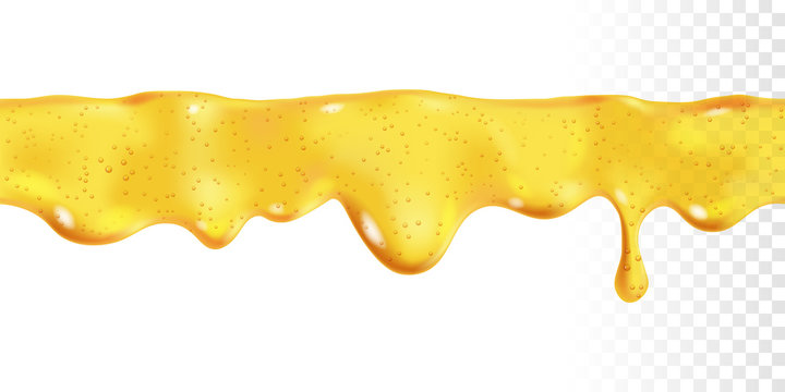 Yellow transparent leaking drop of sweet honey with bubbles. Seamless dripping oil. Vector design of syrup drips. Realistic background horizontal border