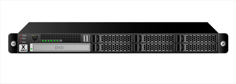 The 1u server for mounting into a 19 inch rack with six 2.5 inch hard drives and an optical drive. Black on a white background. Vector illustration.