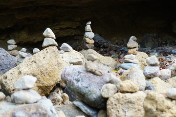 boulder cairn in the forest
