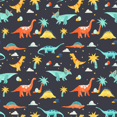 Watercolor dinosaur baby vector pattern