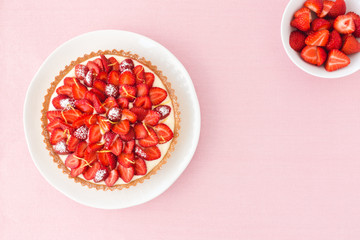 Strawberry Cake and Strawberries in a Bowl on Pink