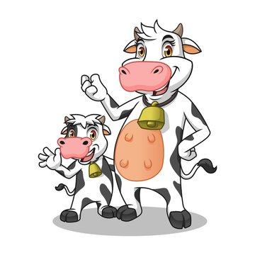 Friesian holstein dairy mother and her child, cartoon character mascot, vector illustration.