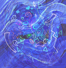 Abstract background colorful illustration. Bright graffiti art with symbols, object shapes and lines