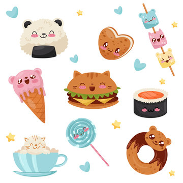 Cute Kawaii food cartoon characters set, desserts, sweets, fast food vector Illustration on a white background