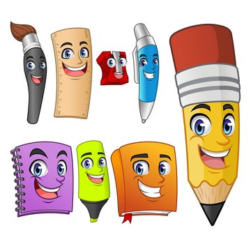 Set of funny cartoon characters school items supplies: pencil, pen, sharpener, ruler, paint brush, book, marker, binder, vector illustration.