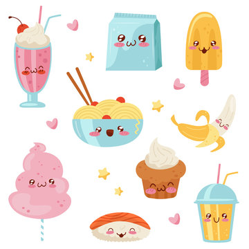 Cute Kawaii Food Cartoon Characters Set, Desserts, Sweets, Sushi, Fast Food Vector Illustration On A White Background