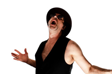 Naklejka premium Rockmusiker, coole Type, Mann mit hut und Sonnenbrille