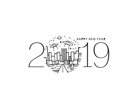Happy New Year 2019 Text Design Future Patter, Vector illustration.