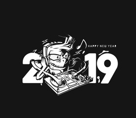 Happy New Year 2019 Text with monster play dj, Vector illustration.