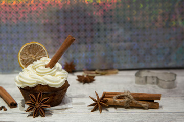 Holiday cupcake with mascarpone frosting, dried citrus, orange, lemon and lime decoration, cookie cutters, cimmanon rolls and anise stars. Bright colorful background.