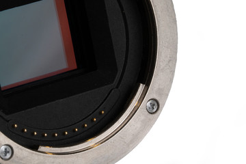 Closeup of digital camera full frame sensor and lens mount