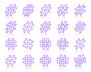 Hashtag simple color line icons vector set