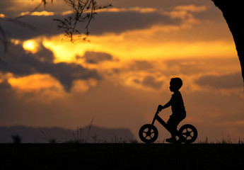 Fototapeta na wymiar Shadow Boy Balancing play fast, fun bike in the park.