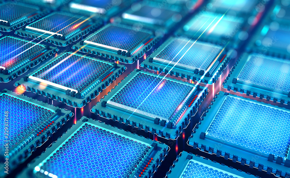 Poster Futuristic CPU. Quantum processor in the global computer network. 3d illustration of digital cyber space