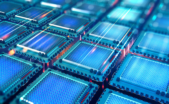 Futuristic CPU. Quantum processor in the global computer network. 3d illustration of digital cyber space