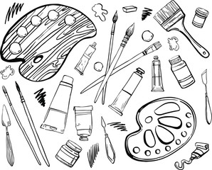 Set of hand drawn sketch vector artist materials. Black and white stylized illustration with paint tools. Brushes, tubes of paint, palette and knives isolated on white background