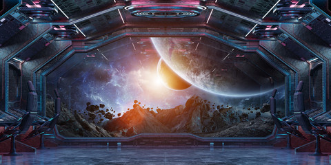 Fototapeta premium Grunge wnętrza statku kosmicznego z widokiem na planecie Ziemia renderowania 3D