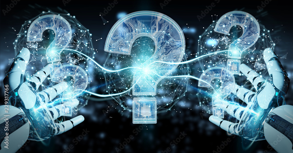 Poster Cyborg solving problem with digital question marks 3D rendering