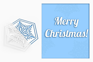 Carved paper snowflake folded in half, bent, casts a beautiful shadow on a white background 3d illustration