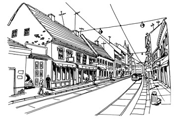 Vector sketch of Ilica street in Zagreb, Croatia.