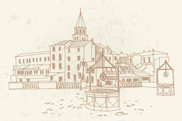 Vector sketch Square of Five Wells (Trg Pet bunara) in Zadar, Croatia