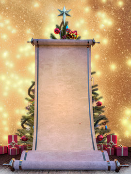 Big Wish List Scroll With Christmas Tree And Presents In The Background, Bokeh And Snow Effect