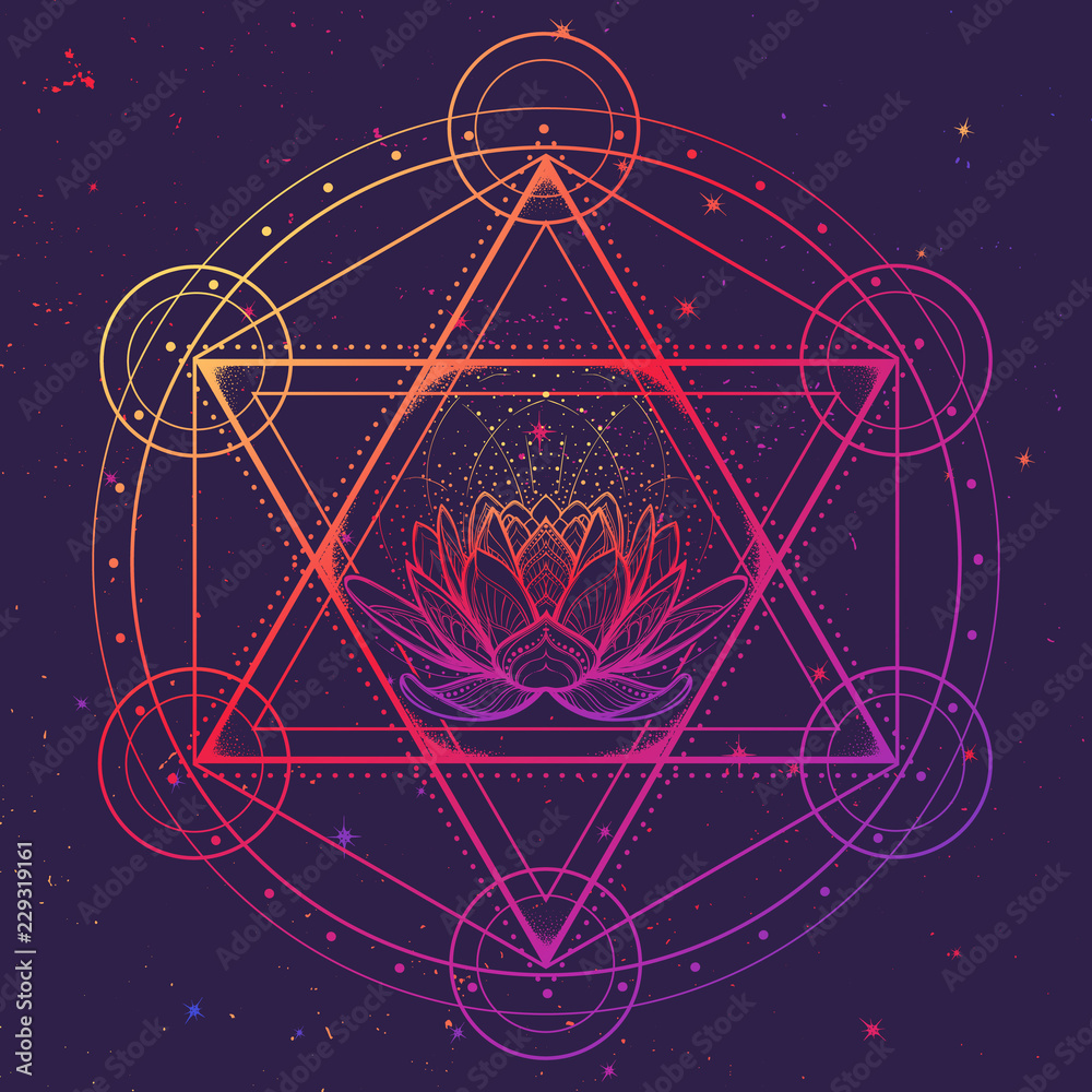 Fototapete hexagram with a lotus encompassed with a circle. multicultural symbol representing anahata chakra in