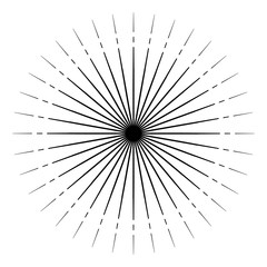 Rays of radiating light. Regular beams distribution. Circular shape. Tattoo design, yoga logo. Boho print, poster, t-shirt textile. EPS10 vector illustration
