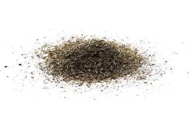 Oregano spice pile isolated on white background, top view