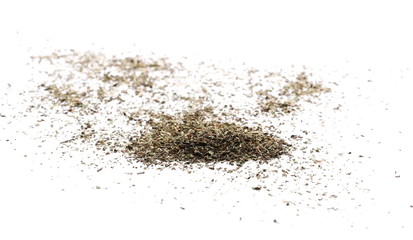 Oregano spice pile isolated on white background, top view