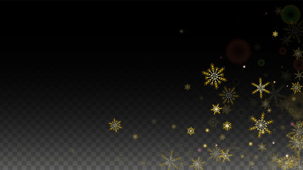 Christmas  Vector Background with Gold Falling Snowflakes Isolated on Transparent Background. Realistic Snow Sparkle Pattern. Snowfall Overlay Print. Winter Sky. Design for Party Invitation.