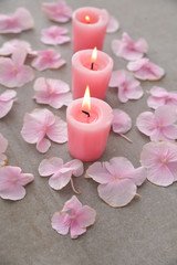 Obraz na płótnie Canvas Many Pink hydrangea petals with three candle on gray background