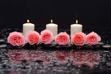 Six rose with three candle and therapy stones-black background 