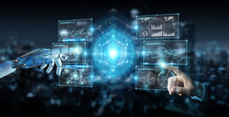 White cyborg hand using digital datas interface 3D rendering