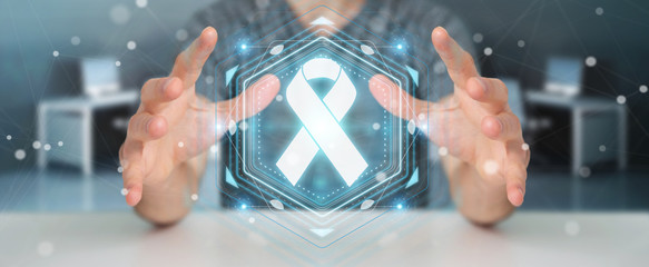 Businessman using digital ribbon cancer interface 3D rendering