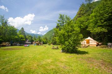 Family tent in Adrenaline Check eco resort in Slovenia.