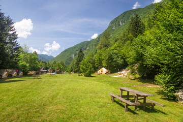 Wide view of Adrenaline Check eco camp resort in Soca valley in Slovenia.