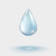 Water rain drop isolated on transparent background. Realistic pure droplet. Vector blue clear bubble or dew template.