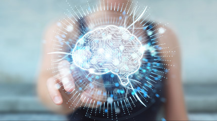 Businesswoman using digital artificial intelligence icon hologram 3D rendering