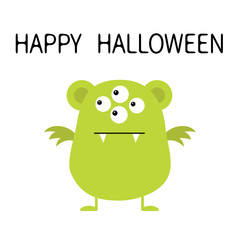 Fototapeta premium Happy Halloween. Cute green monster icon. Cartoon colorful scary funny character. Eyes, ears, wings. Funny baby collection. White background Isolated. Flat design.