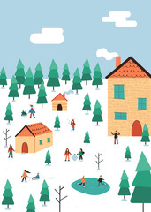 Winter landscape with people and  decoration: tree, skating, slade, snowman, gift, flag. Mountain city, cozy village in modern flat design.