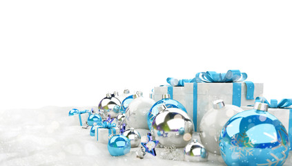 Blue christmas baubles and gifts lined up 3D rendering