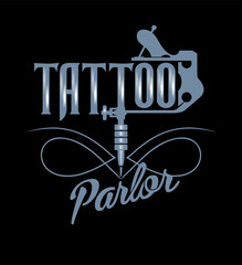 Тату салон, надпись, стилизованная под татуировочную машинку на чёрном фоне, иллюстрация, вектор