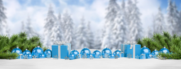 Blue christmas baubles and gifts lined up 3D rendering