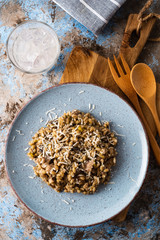 Barley porridge with mushrooms and chicken, top view