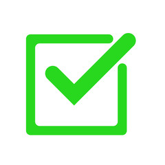 Tick icon vector symbol, green checkmark isolated on white background, check mark or checkbox pictogram, checked icon or correct choice sign.