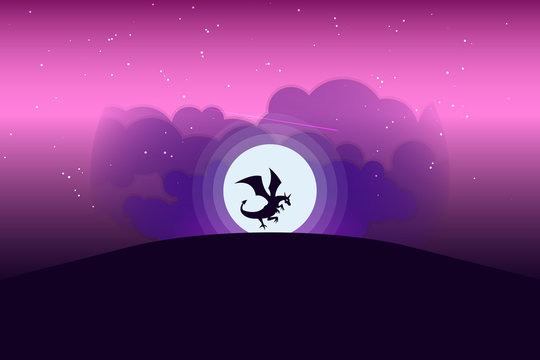 Silhouette flying dragon above the hill with full moon in the background.