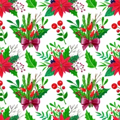Fototapete Rund Seamless pattern with Christmas flowers, leaves, sprigs in the technique of gouache. Illustration for your design © nafanya241